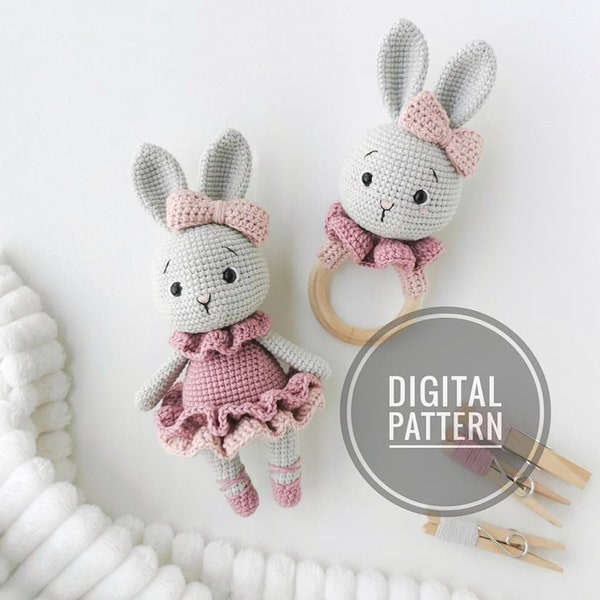 Set of Amigurumi bunny and rattle. Ballerina Bunny crochettoy, Digital PDF pattern