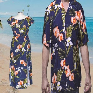 Couples Matching Hawaiian Outfits | Akupu Orchid Print | 100% Rayon Aloha Shirt & Off-Shoulder Maxi Dress | Handmade in Hawaii by KY'S®