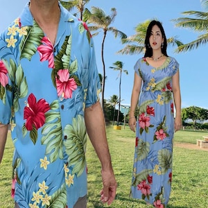 Family Matching Outfits Handmade in Hawaii -USA | Red Hibiscus Matching Couple in Summer | Couples Matching Hawaiian Shirt Dress