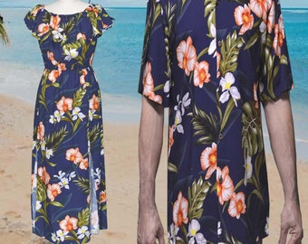 Couples Matching Hawaiian Outfits | Akupu Orchid Print | 100% Rayon Aloha Shirt & Off-Shoulder Maxi Dress | Handmade in Hawaii by KY&#39;S®