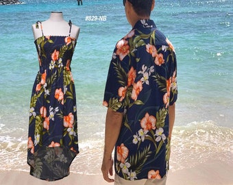 Akupu Orchid Matchande Hawaiian Parkläder – Handgjorda på Hawaii | 100 % Rayon Aloha Skjorta & Smockad Midiklänning från Ky's Aloha Shirts