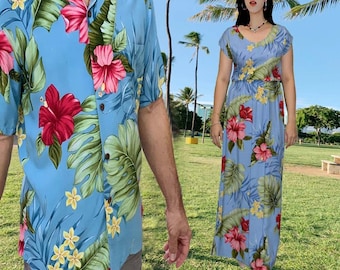 Familjematchande outfits handgjorda på Hawaii - USA | Matchande parklänning i röd hibiskus på sommaren | Matchande hawaiisk skjortklänning för par