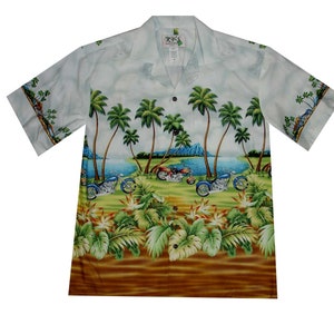 Ky’s Men's Hawaiian Shirt – Motorcycle Palm Tree Print, Authentic Handmade Aloha Shirt Made in Hawaii – Premium Cotton Beach Shirt