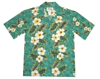 Herr Hawaiiskjorta i bomull | Rolig Hawaiiskjorta med hibiskuspanel | Handgjord på Hawaii | Ky's Hawaiiskjortor | Sommarskjorta \ Resortkläder