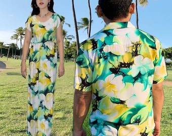 Matchande Hawaiian Outfit Set – Akvarell Hibiscus Aloha Skjorta & Maxiklänning