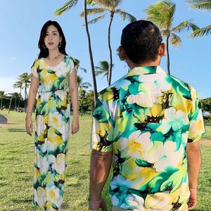 Couples Matching Hawaiian Outfits – Watercolor Hibiscus Aloha Shirt & Maxi Dress Set – Vacation, Luau, or Wedding Clothing – Made in Hawaii