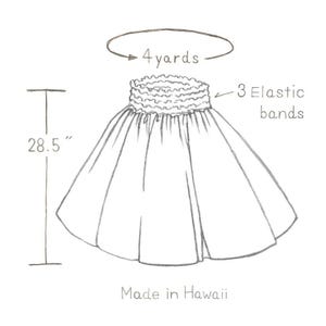 May include: A white hula skirt with a 28.5 inch length and a waistband with 3 elastic bands. The skirt is made from 4 yards of fabric and is labeled "Made in Hawaii".