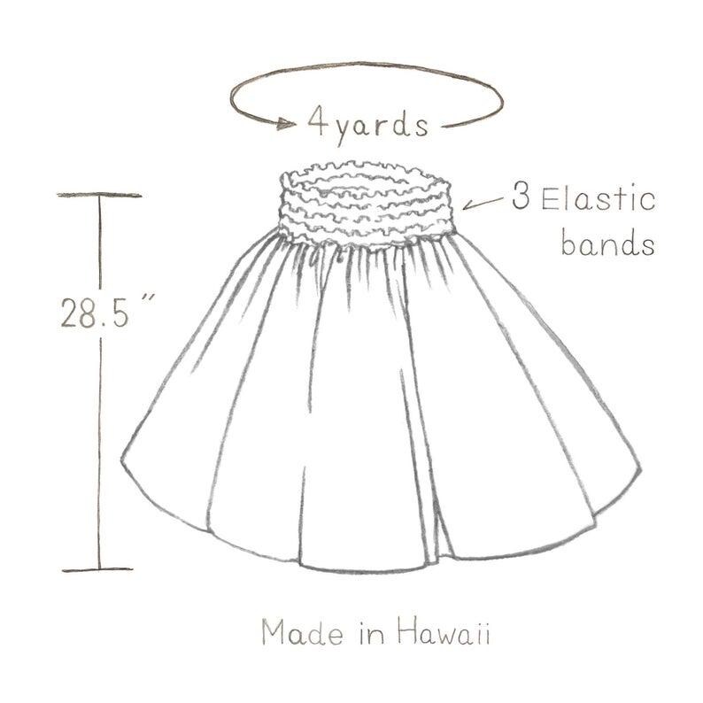 May include: A white hula skirt with a 28.5 inch length and a waistband with 3 elastic bands. The skirt is made from 4 yards of fabric and is labeled "Made in Hawaii".