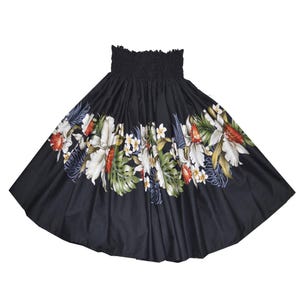 May include: A black hula skirt with a floral print featuring white, red, and green flowers. The skirt has an elastic waistband.