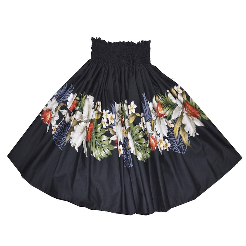 May include: A black hula skirt with a floral print featuring white, red, and green flowers. The skirt has an elastic waistband.