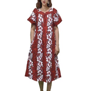 Muumuu Dress Knee-Length-Hibiscus Panel Print, Cotton Muumuu with Pocket | Ky&#39;s Made in Hawaii - Tropical Hawaiian House Dress for Gift