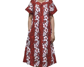 Muumuu Dress Knee-Length-Hibiscus Panel Print, Cotton Muumuu with Pocket | Ky's Made in Hawaii - Tropical Hawaiian House Dress for Gift