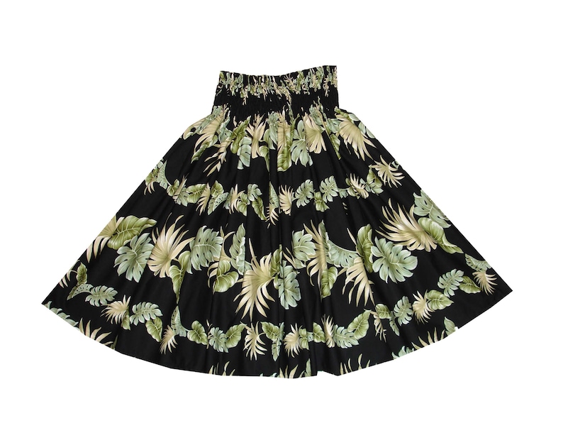 Pa'u Hula Skirt with Tropical Print | Hawaiian Hula Skirt Handmade in Hawaii | Perfect for Hula Dance | Ky's Hawaiian Shirts SK-438B BLACK