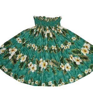 May include: A green hula skirt with a white floral print. The skirt is made of a soft, flowing fabric and has an elastic waistband.