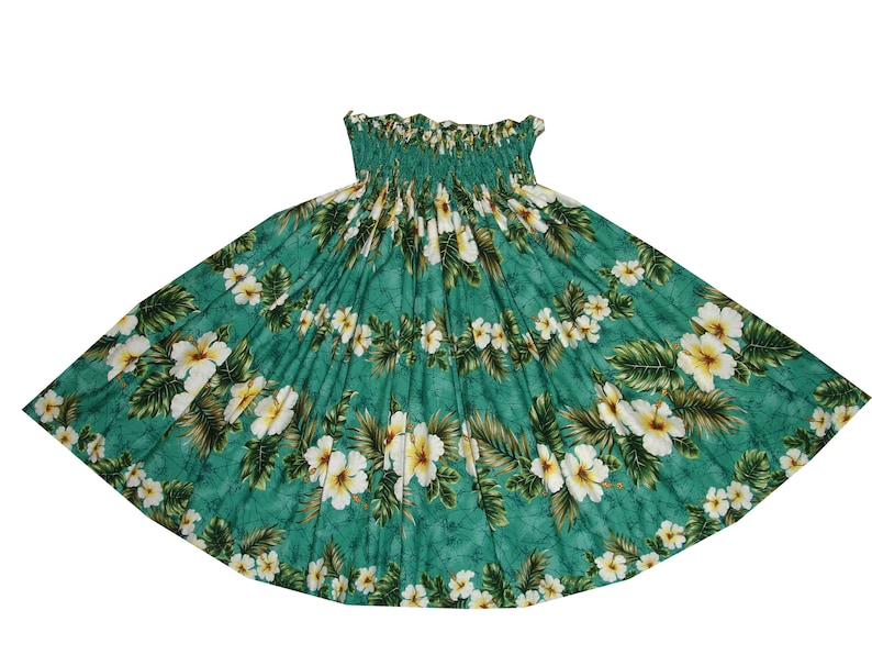 May include: A green hula skirt with a white floral print. The skirt is made of a soft, flowing fabric and has an elastic waistband.