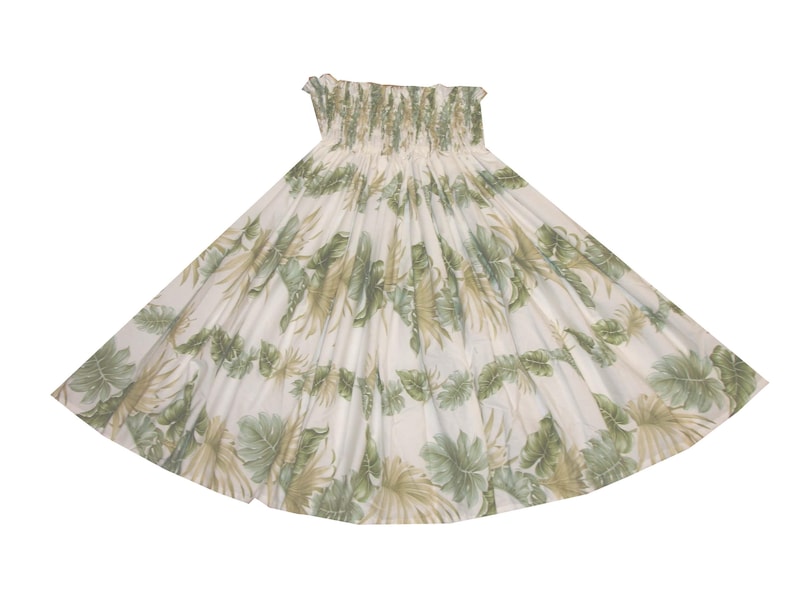 Pa'u Hula Skirt with Tropical Print | Hawaiian Hula Skirt Handmade in Hawaii | Perfect for Hula Dance | Ky's Hawaiian Shirts SK-438B WHITE