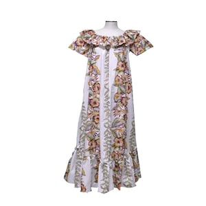 Vintage Anthurium Design Long Ruffle Muumuu Dress with Pockets | Muumuu Dress Handmade in Hawaii -USA Mother&#39;s Day Gift