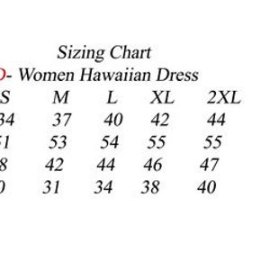 Puede incluir: Tabla de tallas para un vestido hawaiano para mujeres, que muestra las medidas en pulgadas para las tallas S, M, L, XL y 2XL. Las medidas incluyen el pecho, la longitud, las caderas y la cintura.