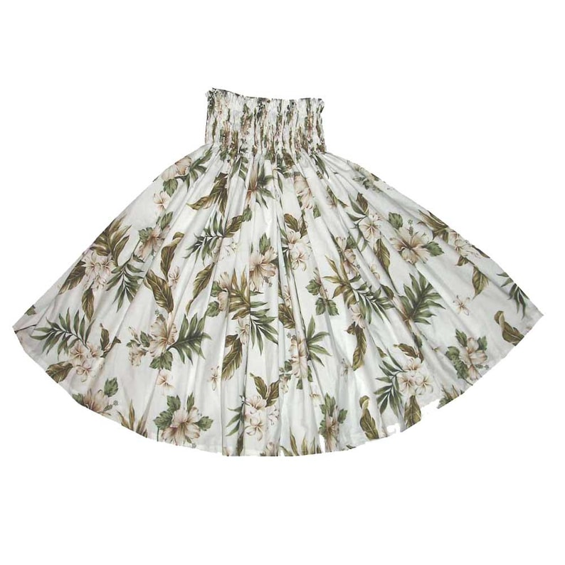 May include: White hula skirt with a floral print featuring green leaves and white flowers.