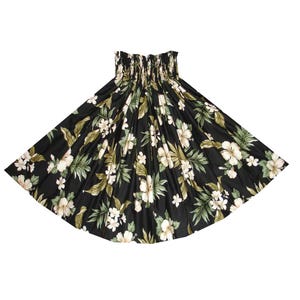May include: A black hula skirt with a white floral print. The skirt has an elastic waistband and is made of a soft, flowing fabric.