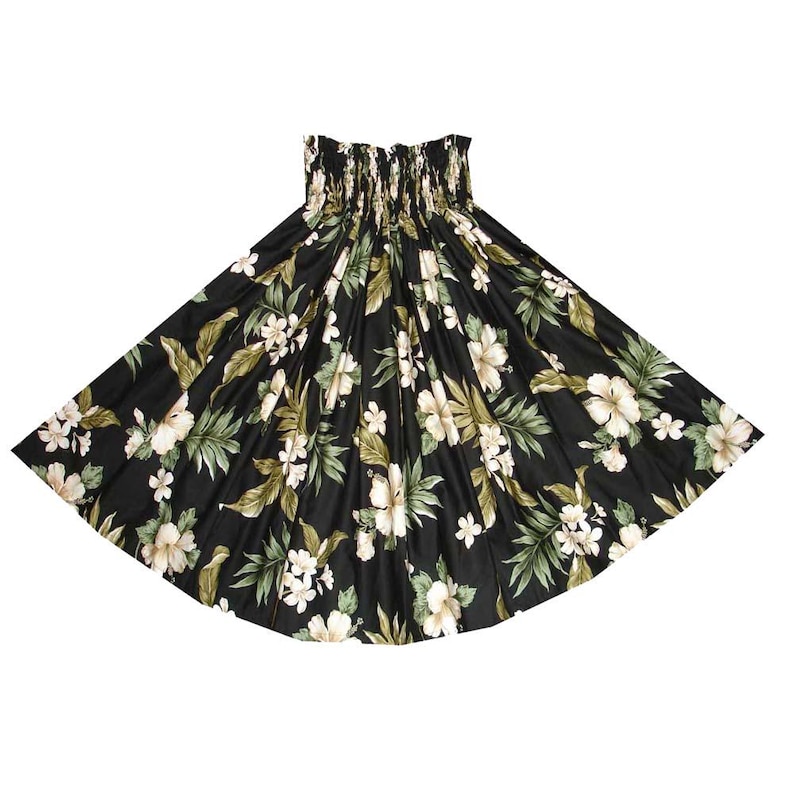 May include: A black hula skirt with a white floral print. The skirt has an elastic waistband and is made of a soft, flowing fabric.