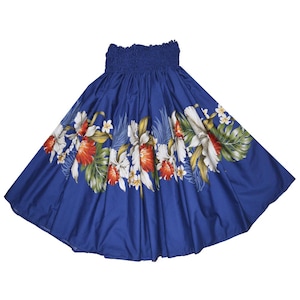May include: A blue hula skirt with a floral print featuring white, red, and green flowers. The skirt has a gathered elastic waistband.