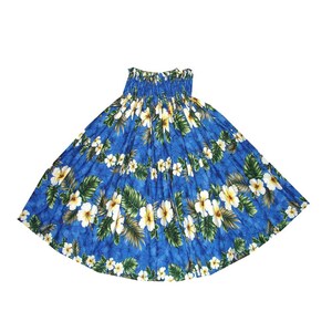 Pa'u Hula Skirt with Tropical Print | Hawaiian Hula Skirt Handmade in Hawaii | Perfect for Hula Dance | Ky's Hawaiian Shirts SK-449BL- BLUE