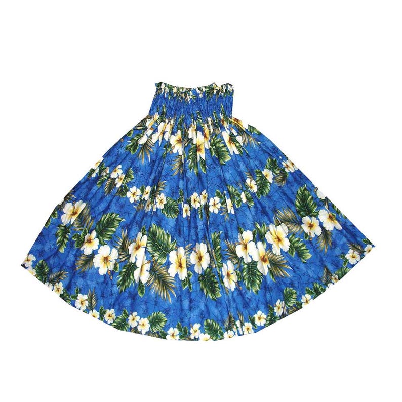 Pa'u Hula Skirt with Tropical Print | Hawaiian Hula Skirt Handmade in Hawaii | Perfect for Hula Dance | Ky's Hawaiian Shirts SK-449BL- BLUE