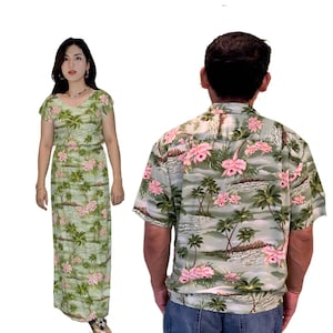 Couples Matching Hawaiian Outfits – Diamond Head Print | Men’s Rayon Aloha Shirt & Women’s Maxi Dress | Handmade in Hawaii by KY’S