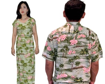 Matchande hawaiianska outfits för par – diamanttryck | Aloha-skjorta i rayon för herrar och maxiklänning för damer | Handgjort på Hawaii av KY’S