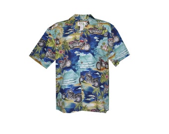 Tantalus Motorcycle Hawaiian Shirt Made in Hawaii, U.S.A - a short-sleeve Hawaiian sport shirt features a vacation
