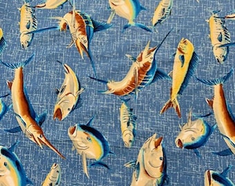 Fish Print Cotton Poplin Fabric: Hawaiian Tropical Aloha Design