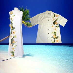 Maui Hibiscus Matching Couple Outfits 100% Handmade in Hawaii USA Matching Couple Summer Dress & Aloha Shirt Matching Family Outfits image 2