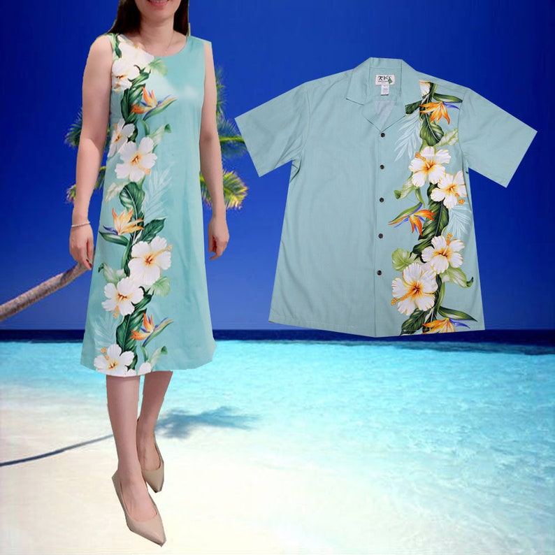 Maui Hibiscus Matching Couple Outfits 100% Handmade in Hawaii USA Matching Couple Summer Dress & Aloha Shirt Matching Family Outfits image 1