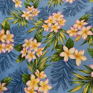 Hawaiiaanse plumeriastof 100% popelinekatoen – Tropische bloemenprint, Aloha-shirt, Muumuu, Hawaiiaanse kleding, op maat gesneden verkocht
