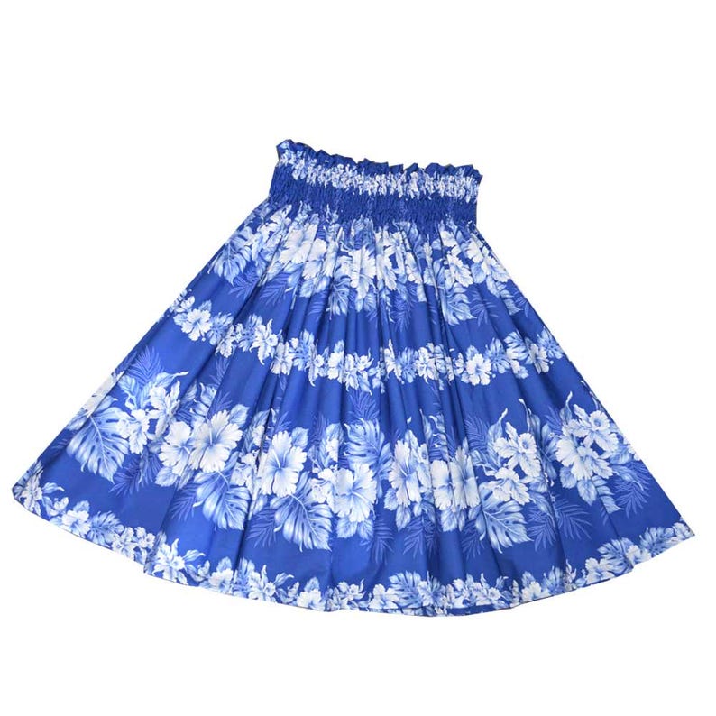 Pa'u Hula Skirt with Tropical Print | Hawaiian Hula Skirt Handmade in Hawaii | Perfect for Hula Dance | Ky's Hawaiian Shirts SK-434BL BLUE