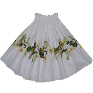 May include: White hula skirt with a floral print of white hibiscus flowers, green leaves, and yellow and blue bird of paradise flowers.
