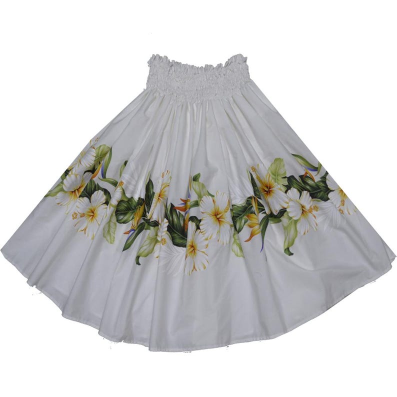 May include: White hula skirt with a floral print of white hibiscus flowers, green leaves, and yellow and blue bird of paradise flowers.