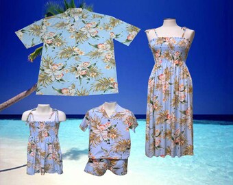 Matchande hawaiianska familjekläder – orkidéblommigt tryck | Aloha-skjorta i rayon för herr, tubklänning för dam, barnkläder | Ky's Made in Hawaii