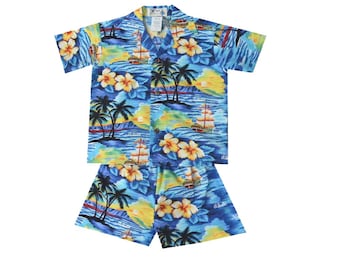 Hawaii Sunset Little Boy's Hawaiian Cabana Set Made In Hawaii | Hawaiian toddler baby boy shirt 100% Cotton