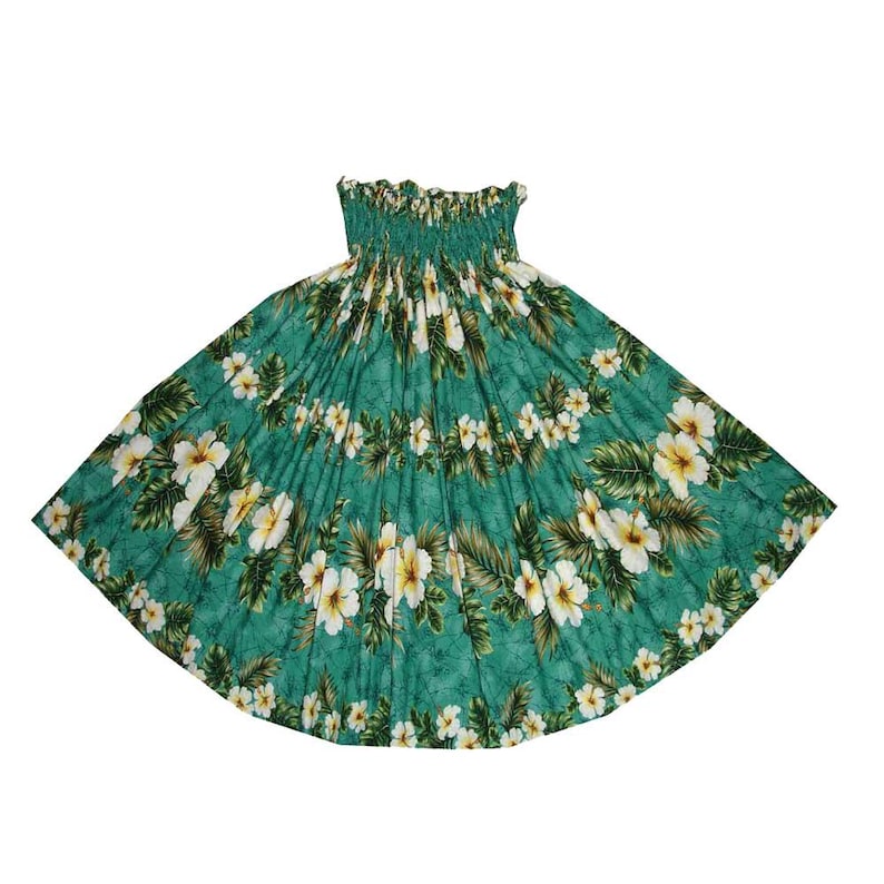 Pa'u Hula Skirt with Tropical Print | Hawaiian Hula Skirt Handmade in Hawaii | Perfect for Hula Dance | Ky's Hawaiian Shirts SK-449G- GREEN