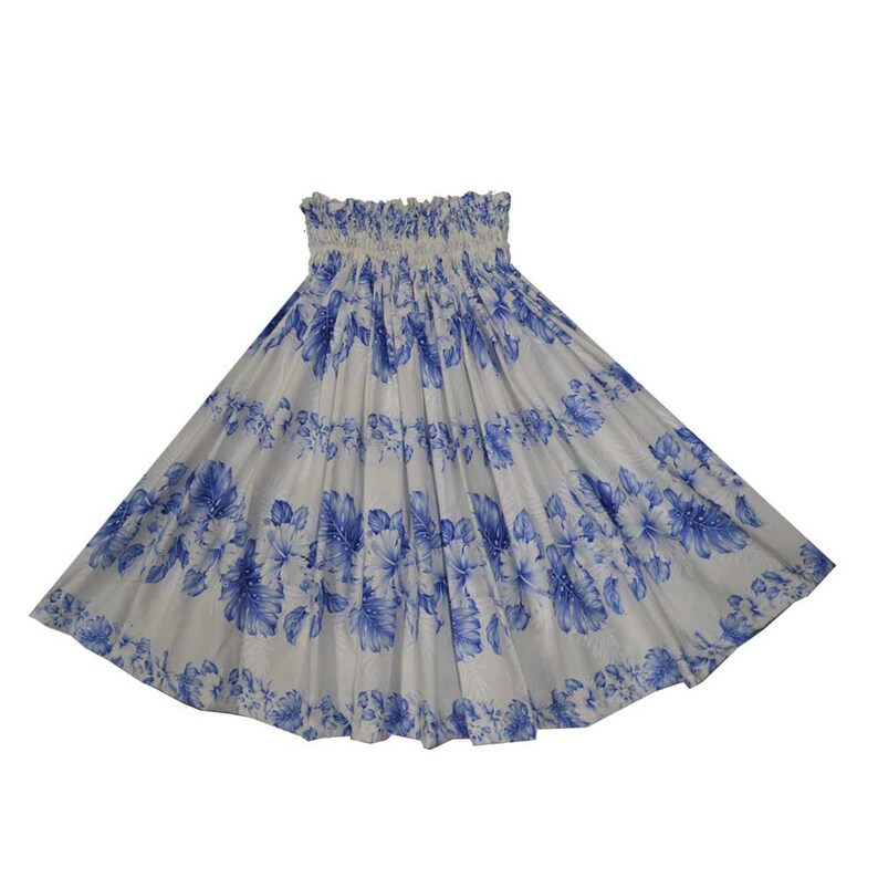 May include: A white maxi skirt with a blue floral print. The skirt has an elastic waistband and a flowing silhouette.