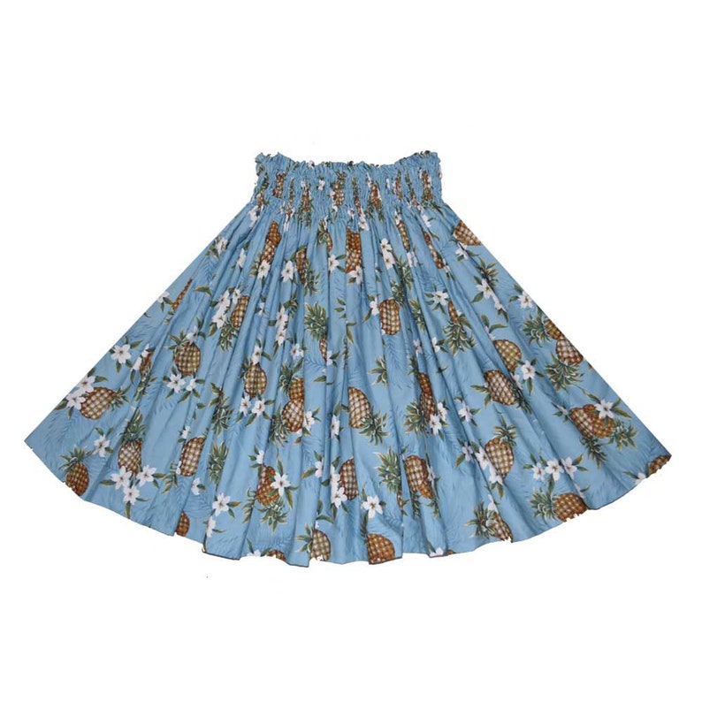 May include: A light blue hula skirt with a pineapple and flower print.
