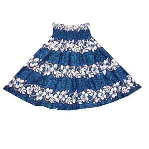Pa'u Hula Skirt with Tropical Print | Hawaiian Hula Skirt Handmade in Hawaii | Perfect for Hula Dance | Ky's Hawaiian Shirts SK-213BL- BLUE