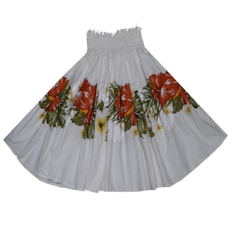 May include: White hula skirt with a red, white, and green floral print. The skirt has a gathered elastic waistband.