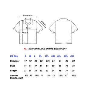 Puede incluir: Tabla de tallas para camisas hawaianas para hombres, que muestra las medidas del hombro, el pecho, la longitud, las mangas y la longitud corta en pulgadas. Las tallas van de la S a la 8XL.