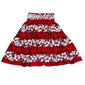 Pa'u Hula Skirt with Tropical Print | Hawaiian Hula Skirt Handmade in Hawaii | Perfect for Hula Dance | Ky's Hawaiian Shirts SK-213R- RED