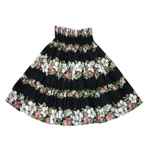 Pa'u Hula Skirt with Tropical Print | Hawaiian Hula Skirt Handmade in Hawaii | Perfect for Hula Dance | Ky's Hawaiian Shirts SK-420B- BLACK