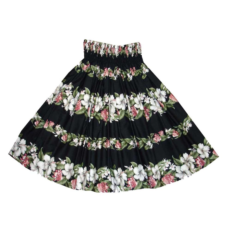 Pa'u Hula Skirt with Tropical Print | Hawaiian Hula Skirt Handmade in Hawaii | Perfect for Hula Dance | Ky's Hawaiian Shirts SK-420B- BLACK