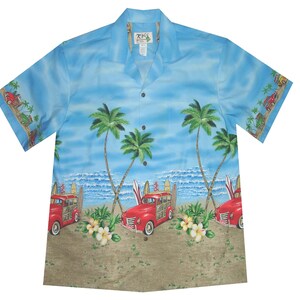 Men&#39;s Border Design Hawaiian Shirt Woody Car Print – 100% Premium Cotton Aloha Shirt Handmade by Ky&#39;s, Made in Hawaii USA Retirement Gift